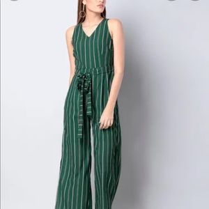Forever 21 Green Black white Vertical Stripe Sleeveless Jumpsuit